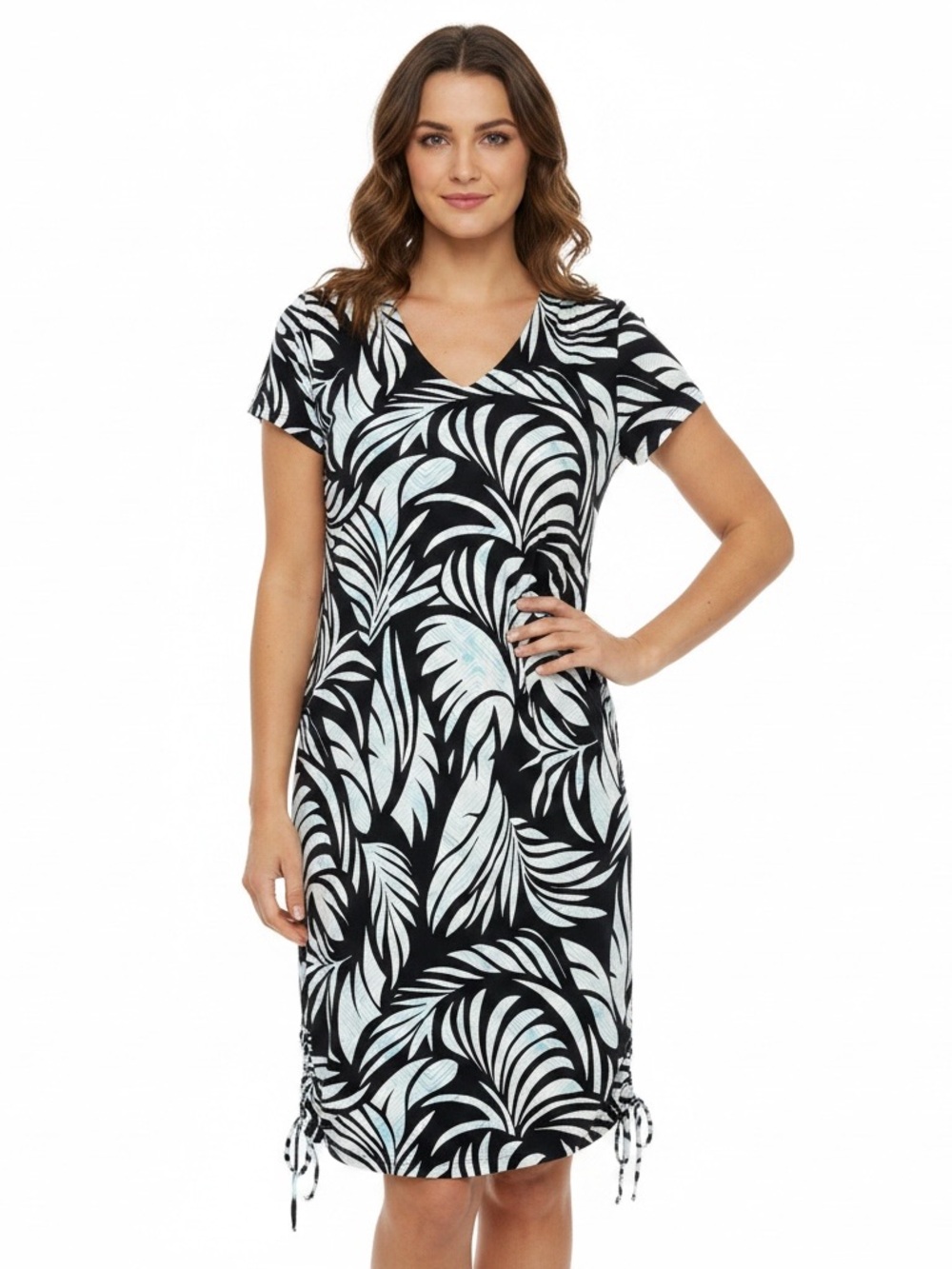 Chico's Adjustable Side Ruched Ties  V-Neck Short Sleeved Tropical Print | EUC